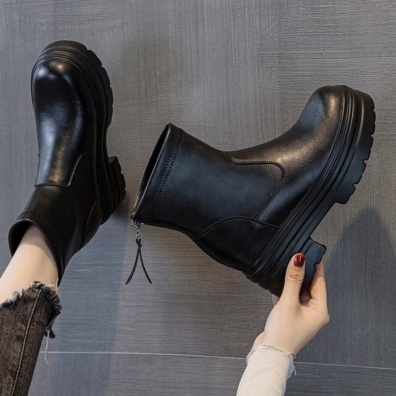DRKANOL 2025 Autumn Winter Warm Platform Ankle Boots For Women 9cm Thick High Heel Height Increasing Zipper Black Cotton Boots