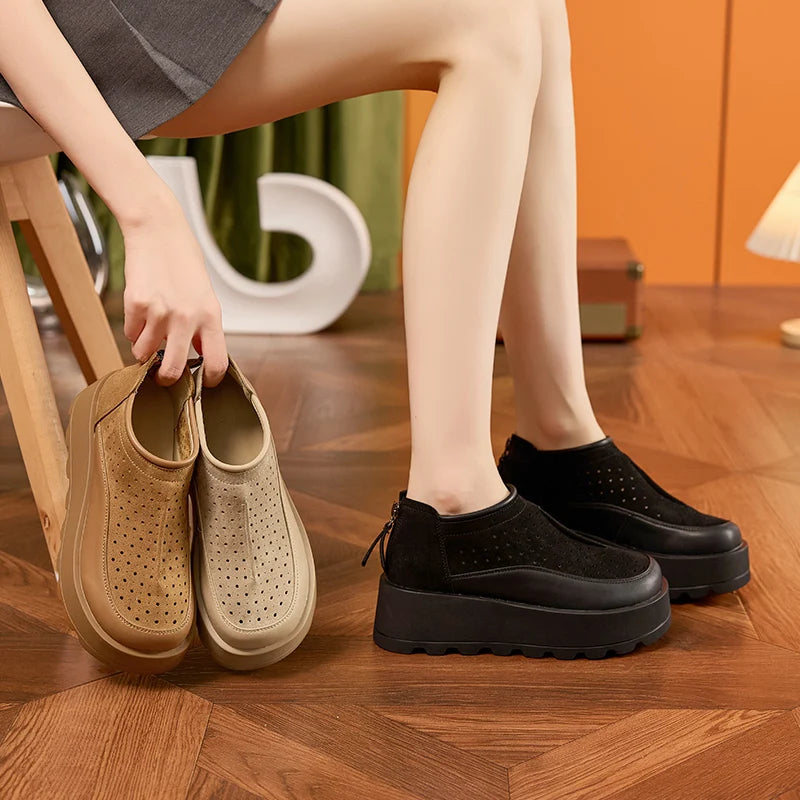 AUTUSPIN 6cm Women Pumps Back Zipper Ladies Shoes Platform Wedges Female Round Toe Hollow Out Shoes Summer Soft Leather Sandals