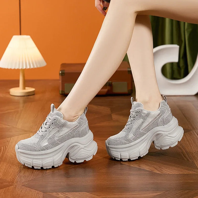 AUTUSPIN Shiny Rhinestone Women's Vulcanize Shoes 2025 Outdoor Fashion Tide Ladies Thick Platform Sneakers Leisure Popular Woman