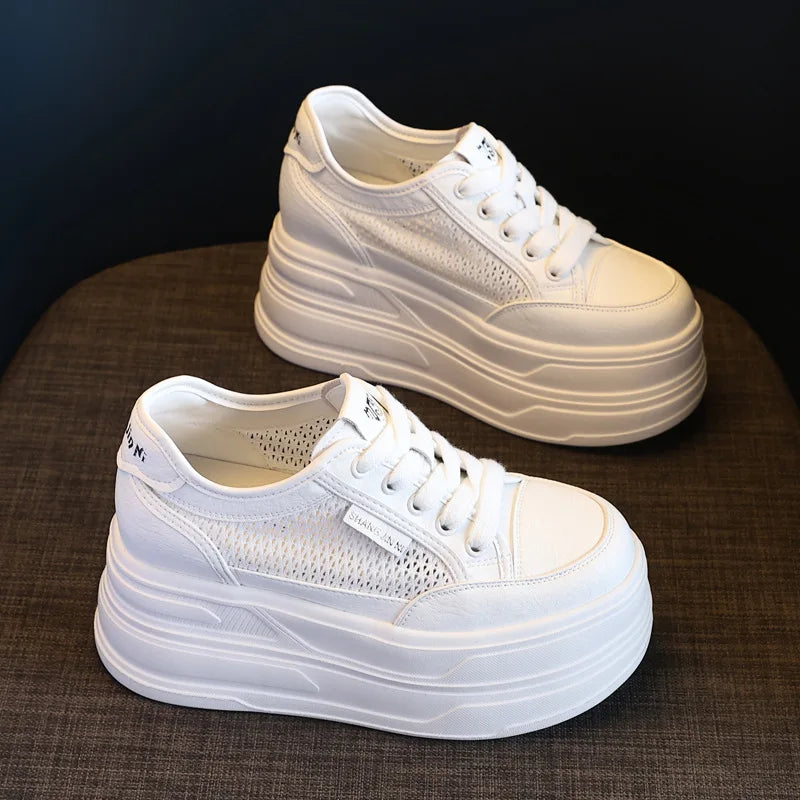 Fujin 9cm Air Mesh Chunky Sneaker Shoes Leather Slippers Slides Mules Shoes Summer Platform Wedge Flats Women Women Microfiber