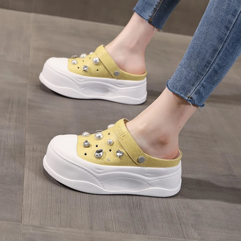 AUTUSPIN Yellow Sandals Women Summer New Design Ladies Shoes Wide Toe Fashion Hollow Out Sandalias Woman Beach Chunky Slippers