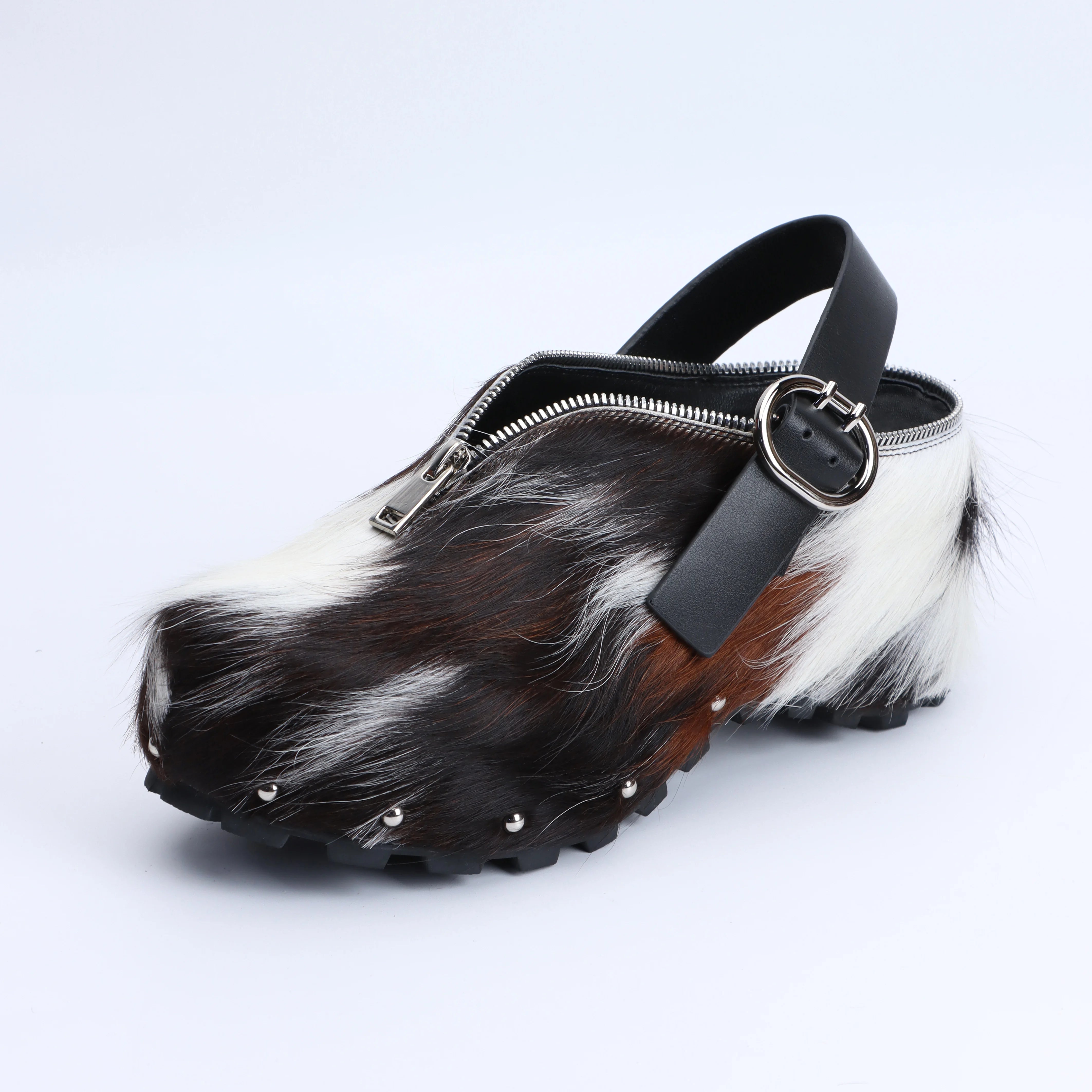 Adjustable Zipper, Luxury Designer Mule Sandals for Women, Handmade Cowhide Fur, Rubber Sole, Latex Insole, Trendy Summer Slides