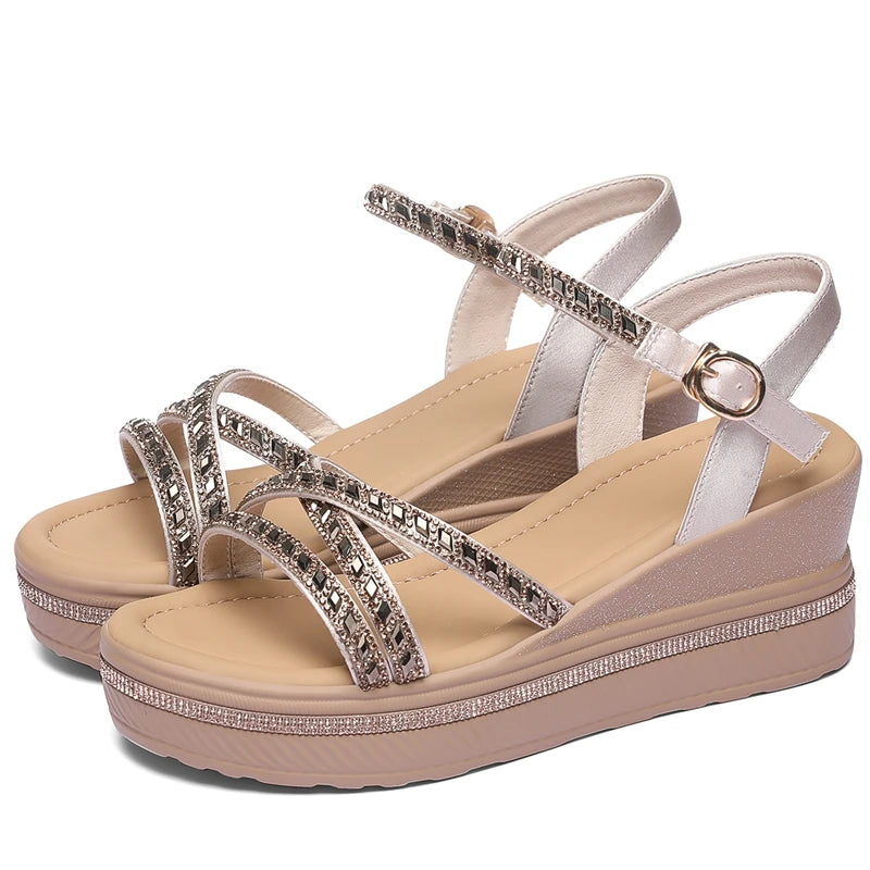 AUTUSPIN 6.5cm Wedge Platform Women Sandals Summer Fashion Genuine Leather Ankle Strap High Heels Ladies Rhinestone Bling Shoes