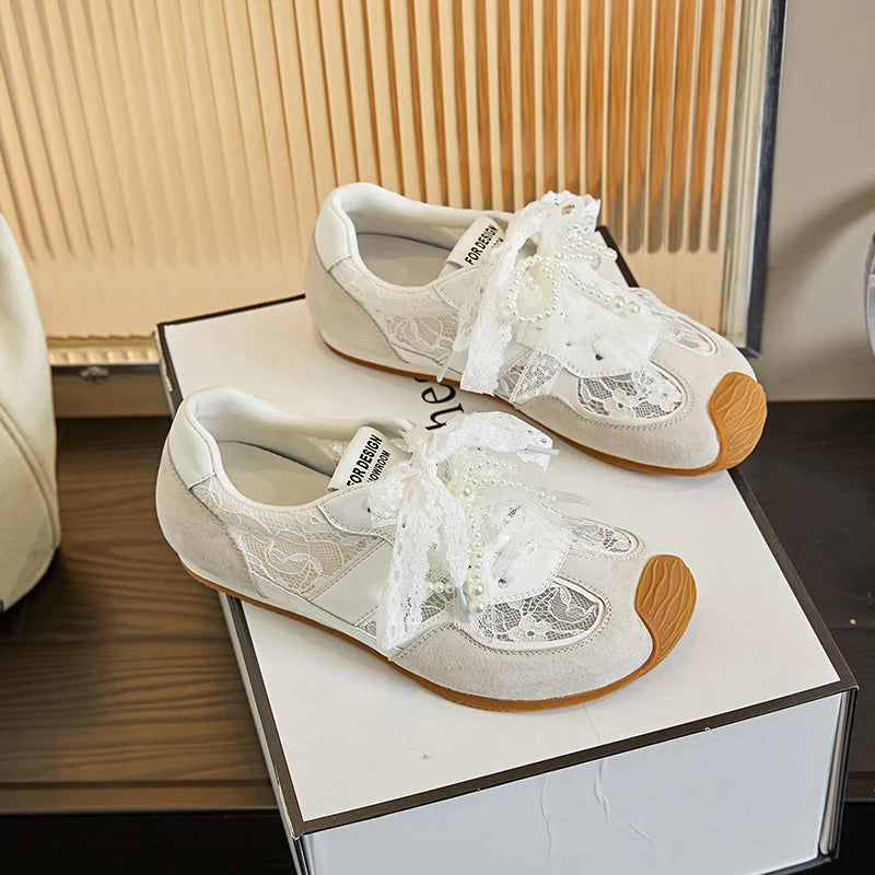 AUTUSPIN Sweet Women Shoes for Summer Lace Genuine Leather Female Sneakers String Beads Flat Platform Ladies Casual Sneaker