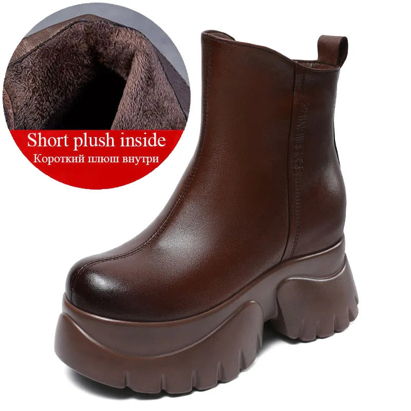 DRKANOL Women Genuine Leather Boots 2025 Autumn Winter Warm Platform Height Increasing 9.5cm High Heel Retro Casual Ankle Boots
