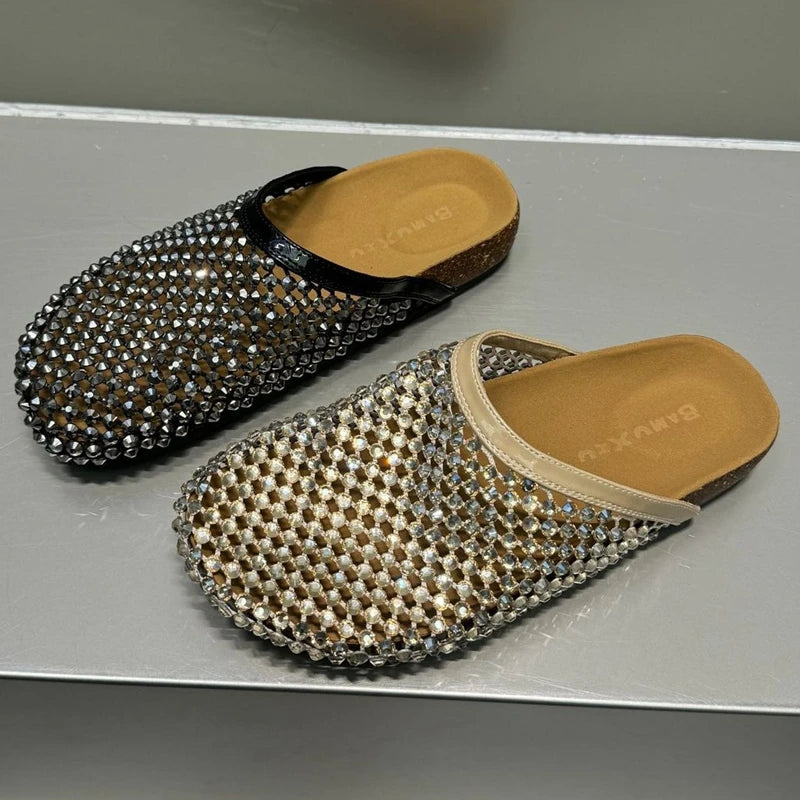 AUTUSPIN Women Tide Slippers Slip-on Ladies Shiny Crystal Shoes Fashion Round Toe Slides Female Party Leisure Flats Sandals