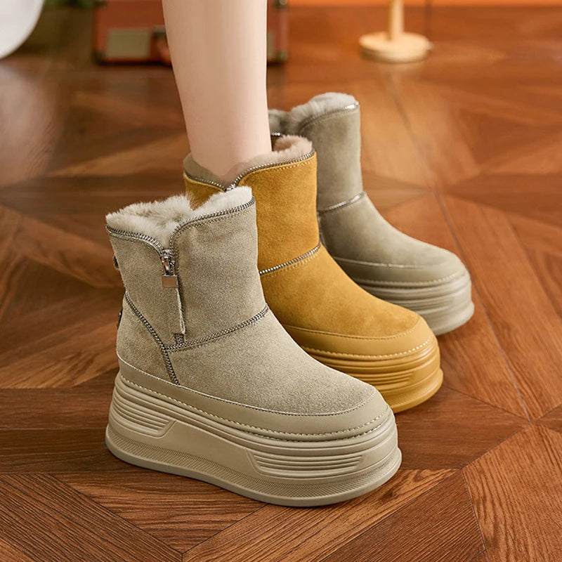 AUTUSPIN 7cm Platform Thick Bottom Snow Boots Women Winter Warm Plush Ladies Ankle Boot Suede Genuine Leather Female Shoes Woman