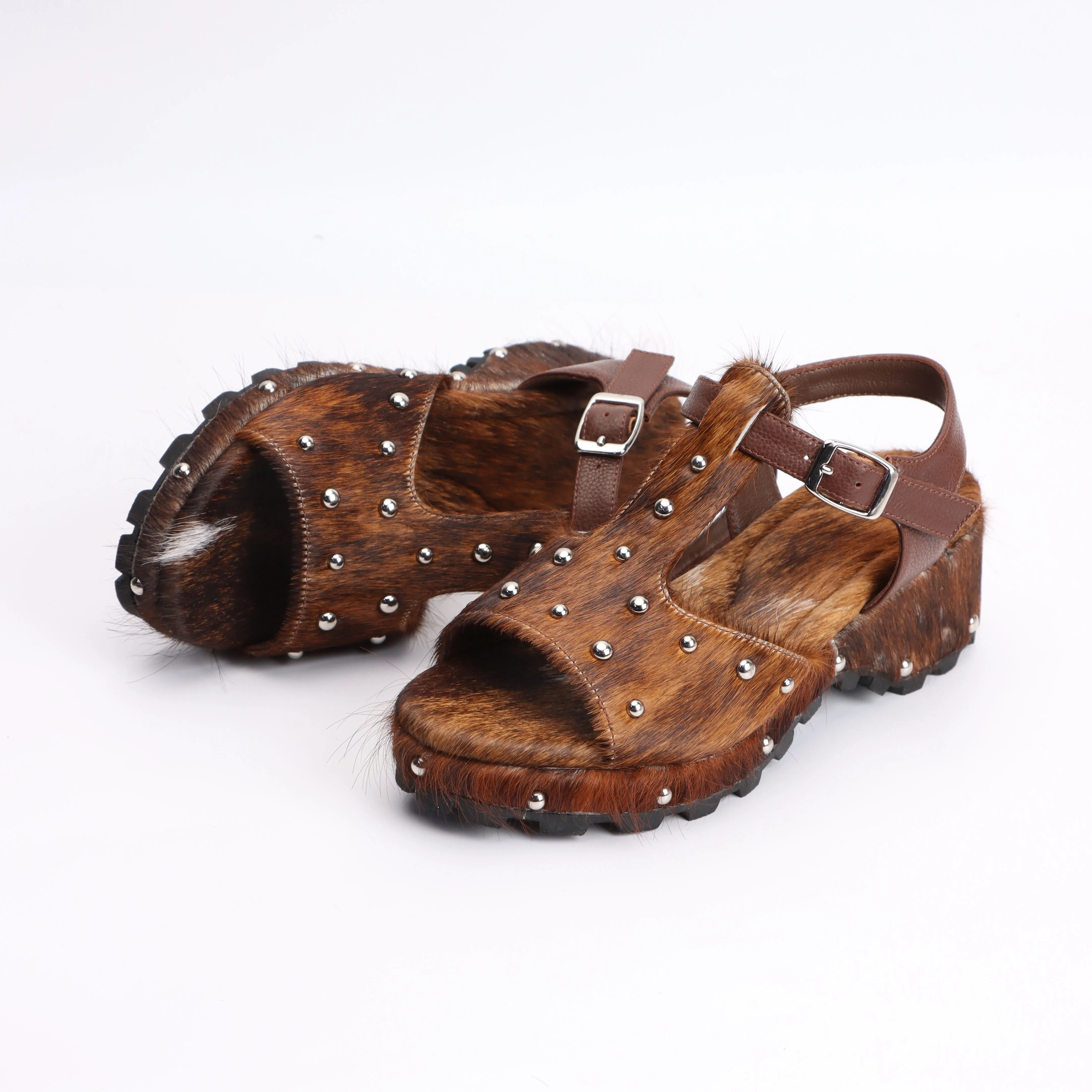 Luxury Horsehair Studded Rubber Sole Platform Sandals for Woman – Designer Flat Sandals Woman Summer Sandalias de Mujer