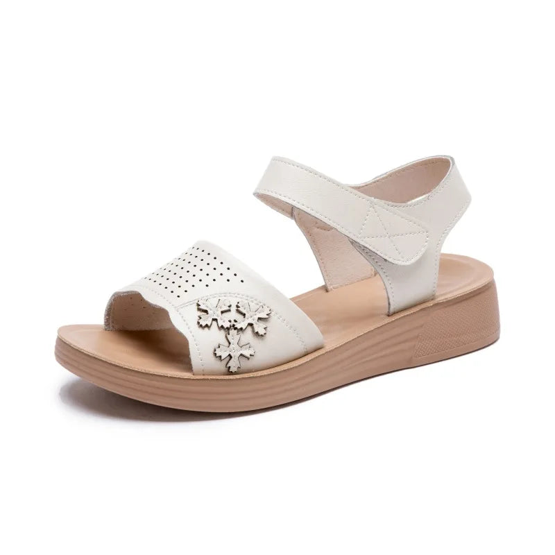 WOIZGIC Women's Female Ladies Mother Genuine Leather White Sandals Shoes Summer Beach Cool Soft Non Slip National Style