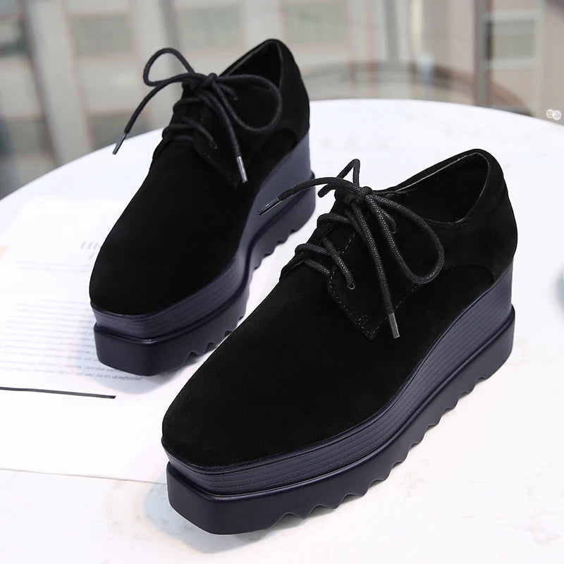 Fujin 7.5cm Cow Suede Genuine Leather Platform Wedge Autumn Winter Spring Ins Hot Sell Chunky Sneakers Plush Women Comfy Shoes
