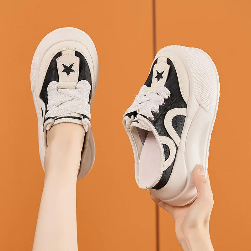 AUTUSPIN 6cm Platform Flats Sneakers for Women Summer Round Toe Slippers Fashion Wide Toe Leather Ladies Slides Shoes Lace-up