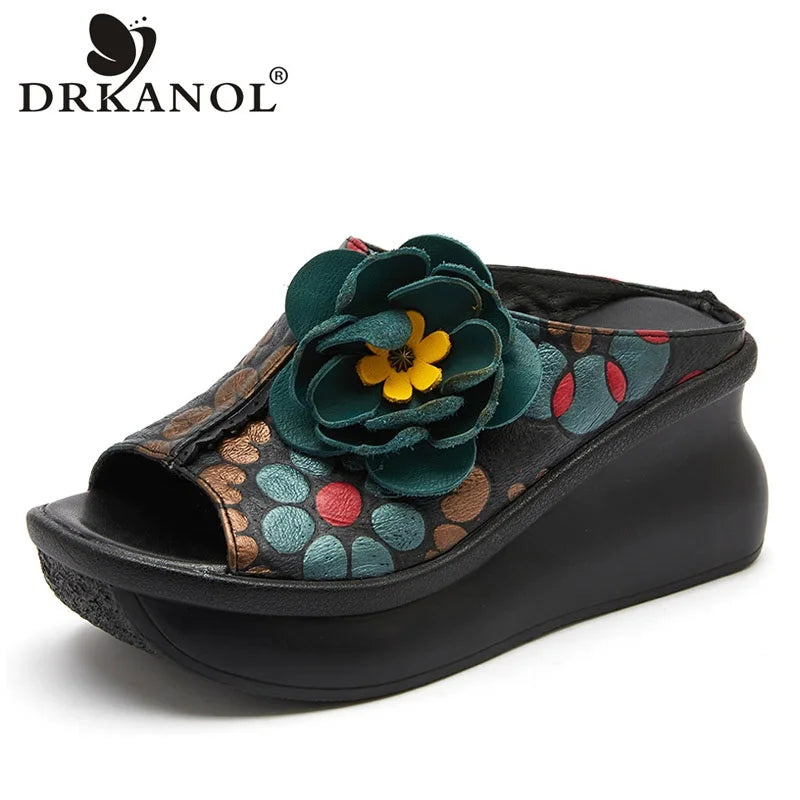 DRKANOL Summer Outside Wedges Slippers Women Printing Flowers Genuine Leather Peep Toe Platform Slippers Rthnic Style Slides