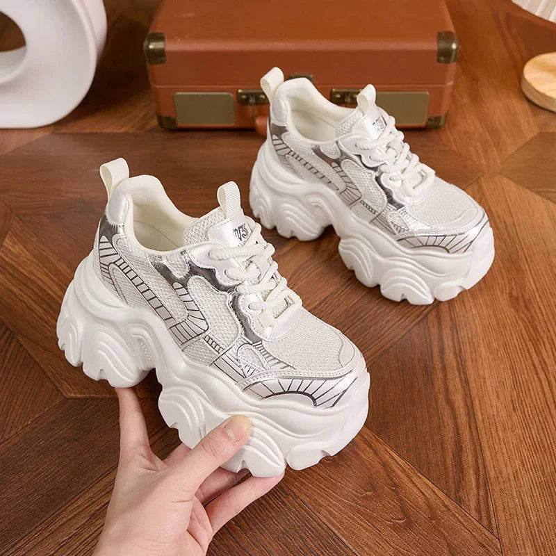 AUTUSPIN 9.5CM Thick Soled Women Pink Shoes Spring Summer Breathable High Platform Sneakers Outdoor Korea Style Footwear Woman