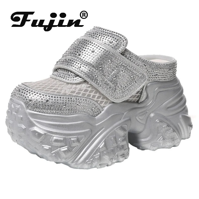 Fujin 9cm Air Mesh Microfiber Leather Women Bling Vulcanize Platform Wedge Flats Chunky Sneakers Slipper Hidden Heel Shoes
