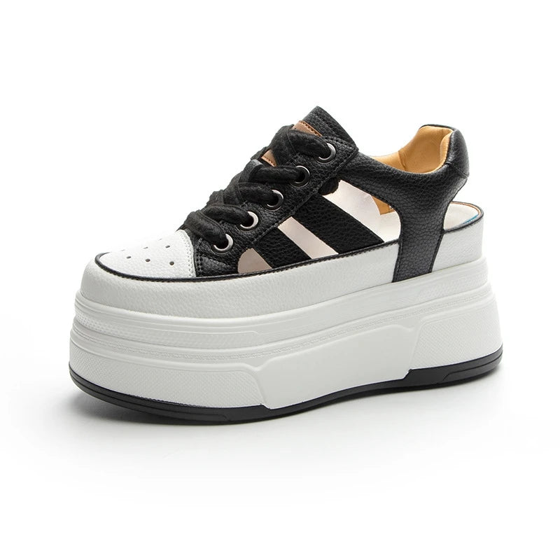 Autuspin Summer Sport Sandals Women Fashion Genuine Leather Hollow Out Vulcanized Shoes Ladies Rome Style High Platform Sneakers
