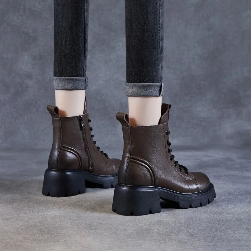 DRKANOL Genuine Cow Leather Ankle Boots For Women Height Increasing Thick High Heel Chunky Platform Autumn Winter Fur Warm Boots