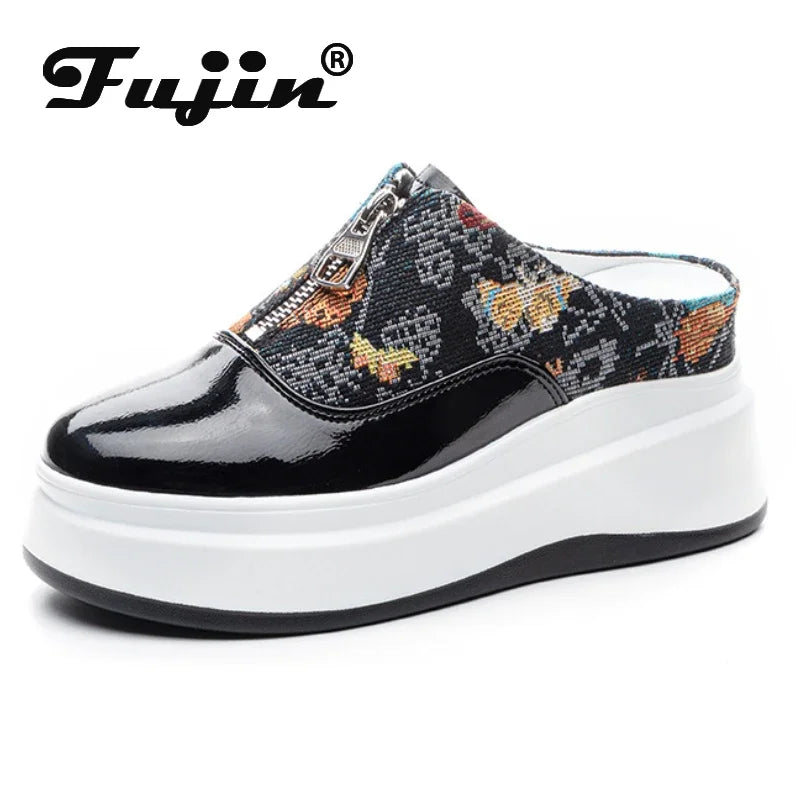 Fujin 7.5cm Patent Cloth Platform Wedge Comfy High Brand Breathable Summer Bao Toe Ladies Slippers Chunky Sneaker Casual Shoes