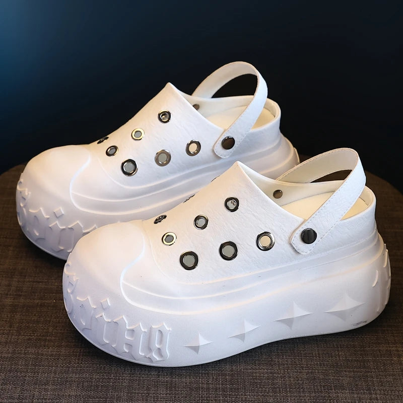 AUTUSPIN Summer Hollow Sandals for Women Fashion Design Female Soft Leather Mules Shoes Ladies Beach Platform Chunky Slippers