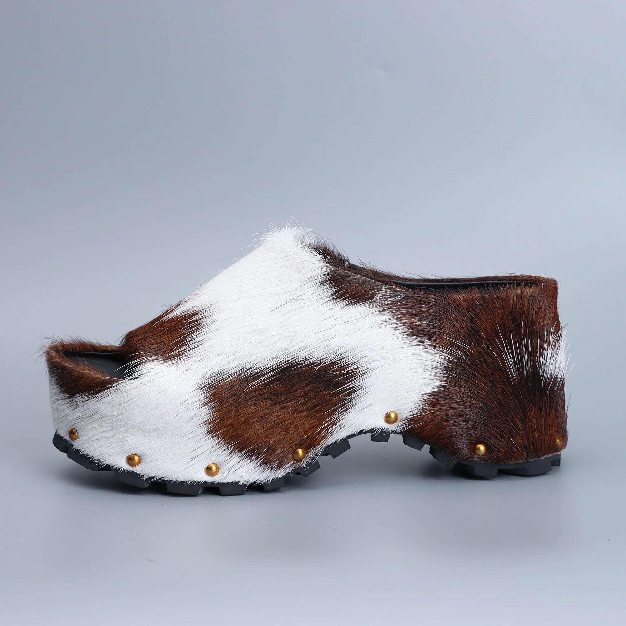 Luxury Platform Clogs for Women Mules - Designer Calf Hair & Wool-Lined Fur Sandals with Adjustable Strap, Slip-On Comfort
