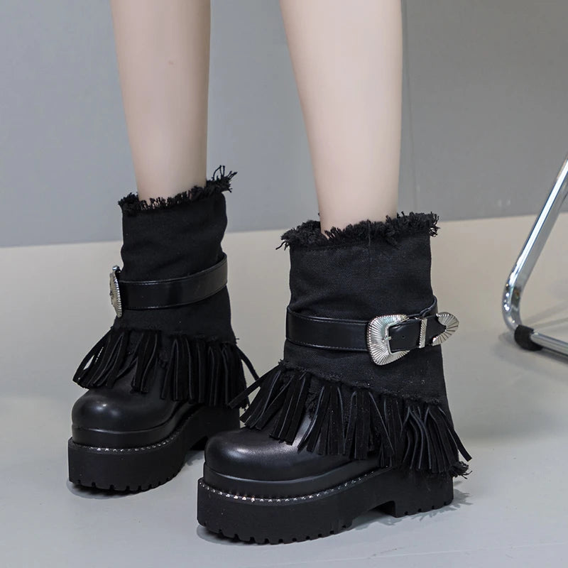 AUTUSPIN 12cm Hidden Heel Mid-calf Boots Women Retro Ethnic Tassel Morden Short Boots Female Genuine Cow Leather Platform Shoes