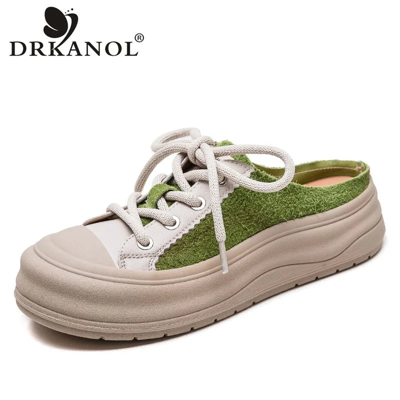 DRKANOL 2025 Mixed Colors Genuine Leather Outside Slippers Women Summer Round Toe Flat Platform Casual Slingback Slides Shoes