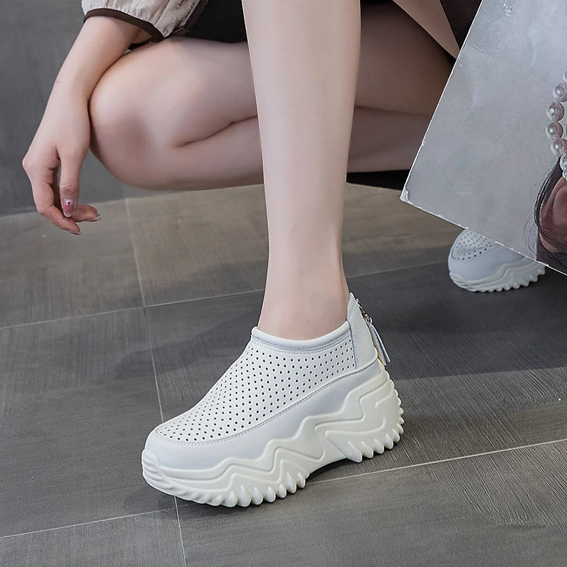 Autuspin 7cm Women Pumps Summer Breathable Fashion Hollow Shoes Female Back Zipper Wedge Platform High Heels Quality Leather