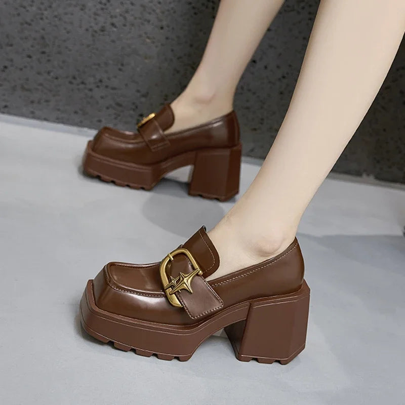 AUTUSPIN New British Style Women Pumps Popular Ladies Mary Janes High Thick Heels Woman Leather Square Toe Shoes Winter Female