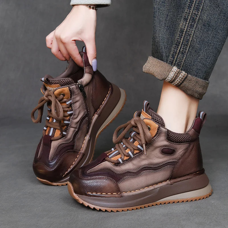 DRKANOL Women Mixed Colors Genuine Leather Casual Sneakers Lace-Up Retro High Top Platform Shoes Ladies Thick Sole Ankle Boots