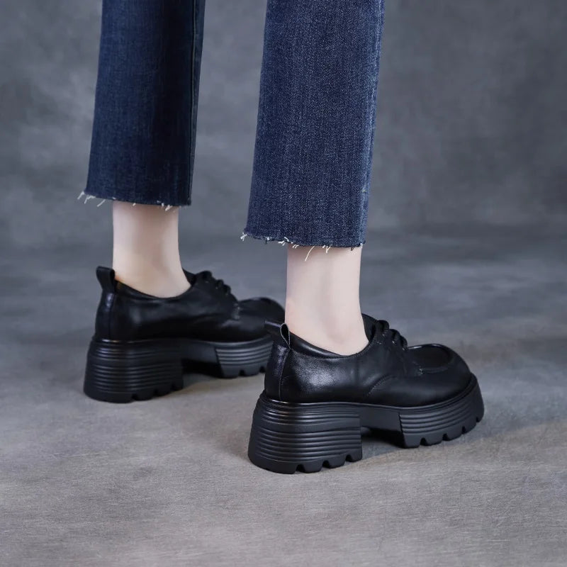 DRKANOL 2025 Women Chunky Platform Shoes Luxurious Genuine Cow Leather Thick High Heel Pumps Lace-Up Round Toe Casual Shoes Lady