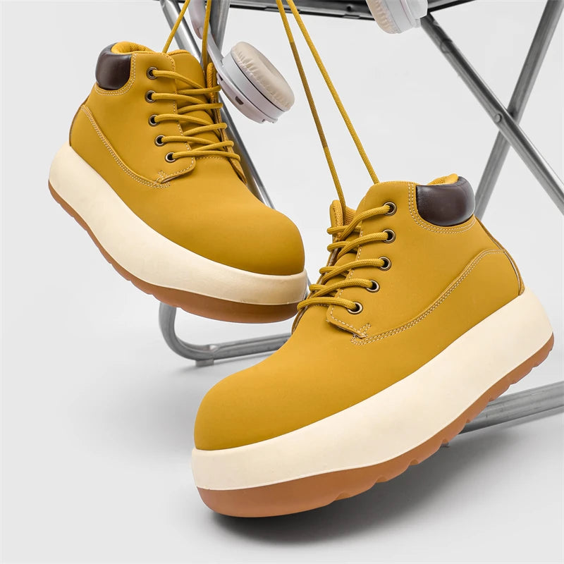 STRONGSHEN Chunky Sneaker Men Fashion Yellow Thick Soled Skate Shoes Luxury Brands Round Toe Platform Boots Lace Up Bread Shoes