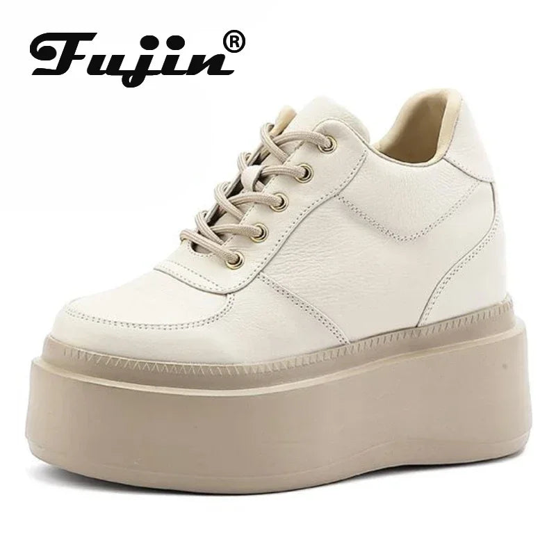 Fujin 10cm 12cm 14cm New Pigskin Synthetic Leather High Brand Autumn Daddy Breathable Spring Platform Wedge Fashion Comfy Shoes