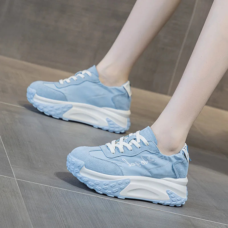 Fujin 7cm Denim Cloth Suede Genuine Leather Platform Wedge Flats Comfy Booties Breathable Women Chunky Sneaker Summer Shoes