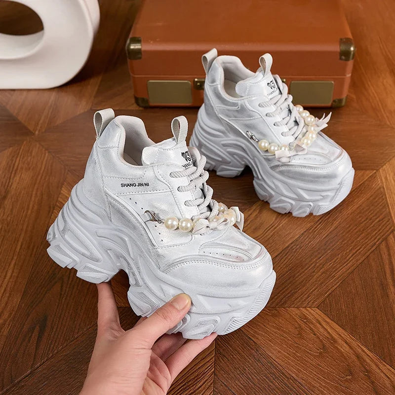 AUTUSPIN High Platform Chunky Shoes 2025 Women Fashion Beads Chains Decoration Sneakers Korean Style Female Vulcanized Shoes