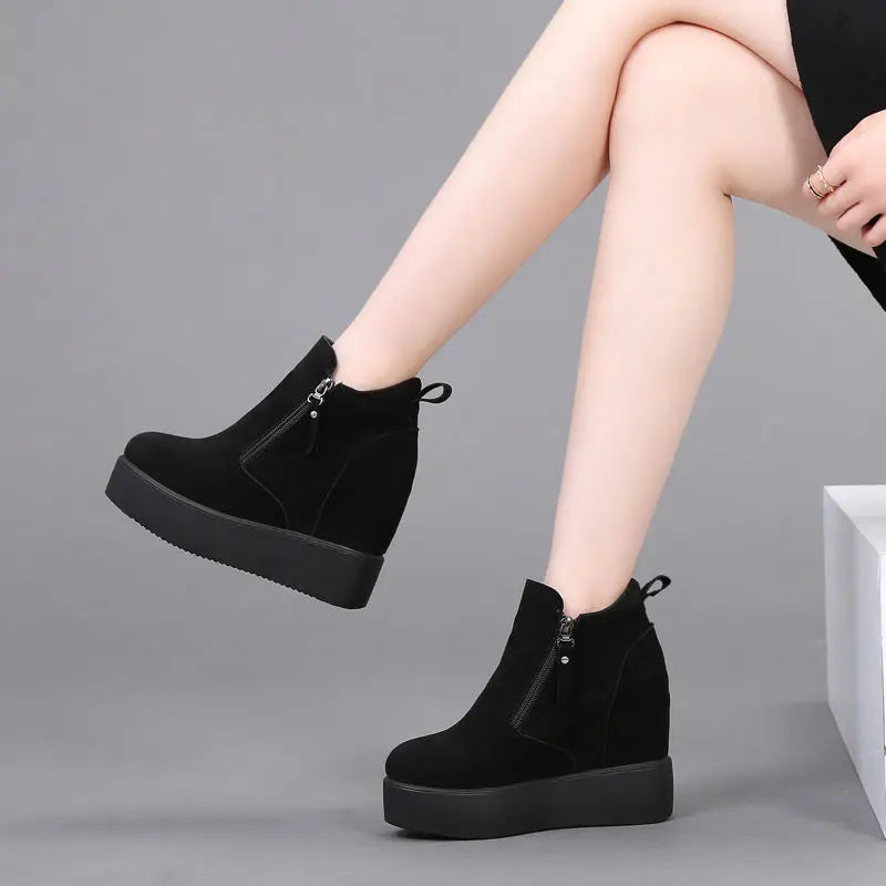 Fujin 11cm Platform Wedge Hidden Heel Women Ankle Boots Flock Leather Warm Female Wedge Shoes Zipper Winter Shoes Sneakers 2024