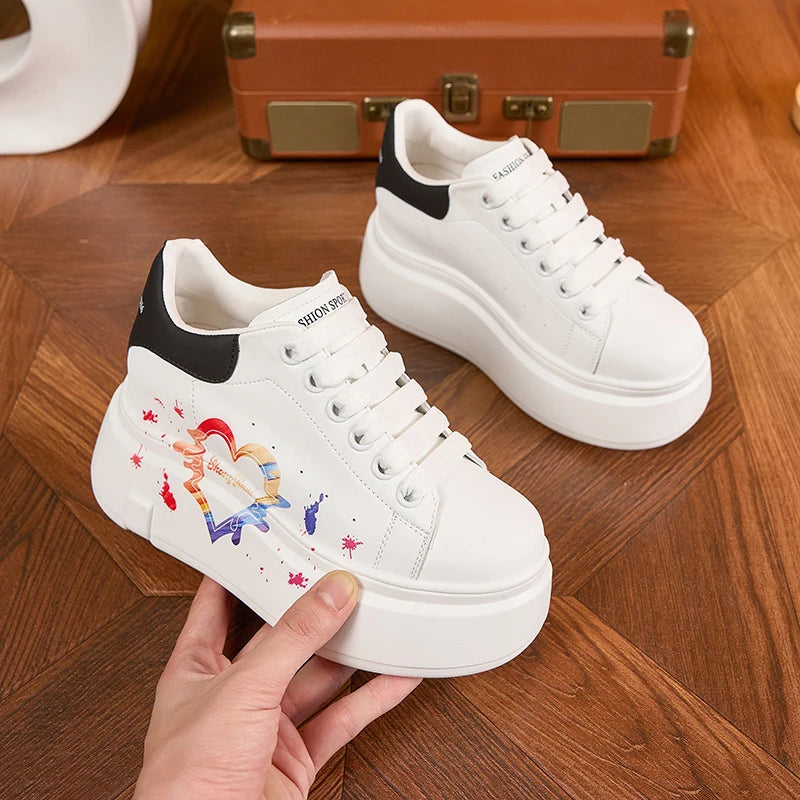AUTUSPIN White Skateboard Shoes for Women 2025 Fashion Thick Soled Ladies Casual Leather Shoes Outdoor Tide Vulcanized Sneakers