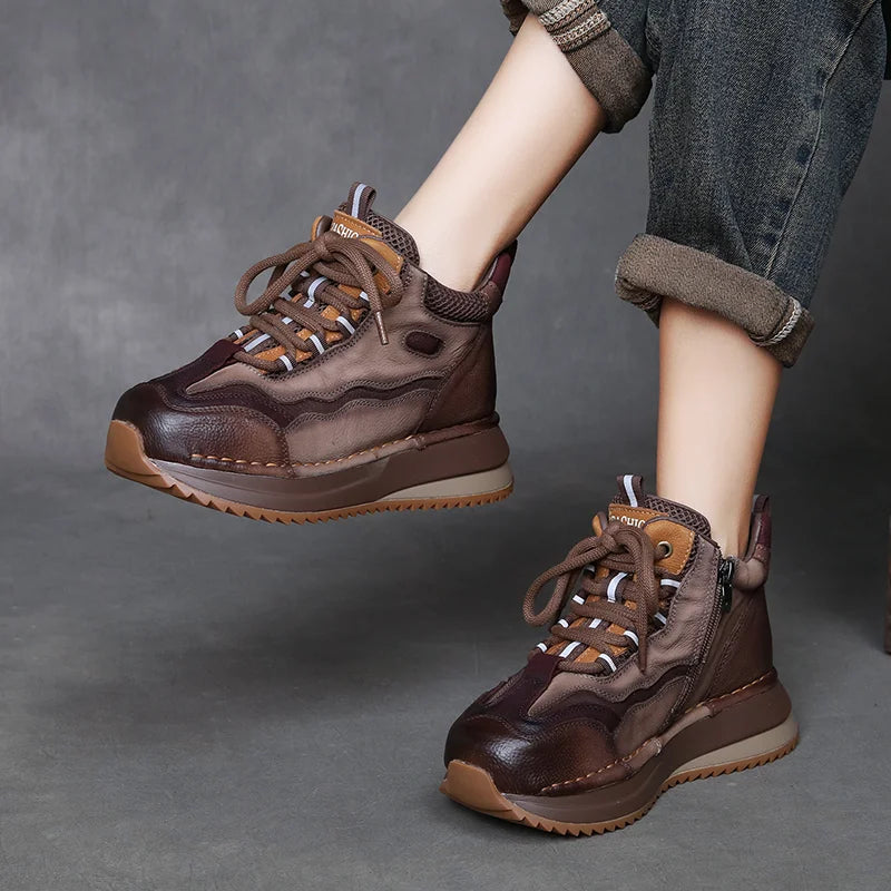 DRKANOL Women Mixed Colors Genuine Leather Casual Sneakers Lace-Up Retro High Top Platform Shoes Ladies Thick Sole Ankle Boots