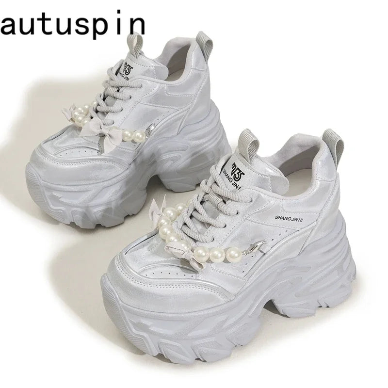 AUTUSPIN High Platform Chunky Shoes 2025 Women Fashion Beads Chains Decoration Sneakers Korean Style Female Vulcanized Shoes