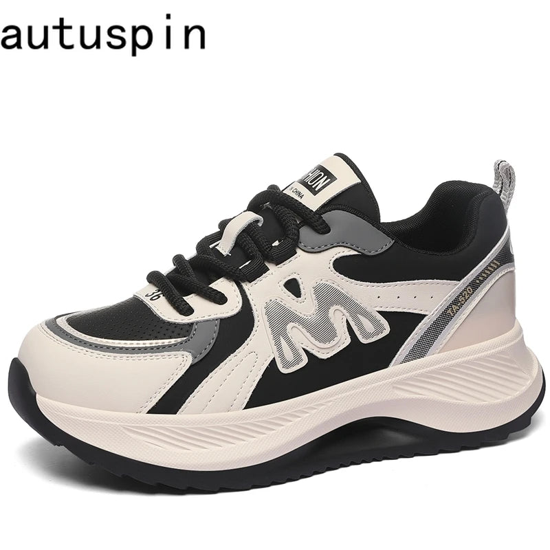 AUTUSPIN 4.5cm Comfortable Thick Soled Ladies Shoes Outdoor Casual Fashion Sneakers Women Leather Footwear Students Gym Shoes