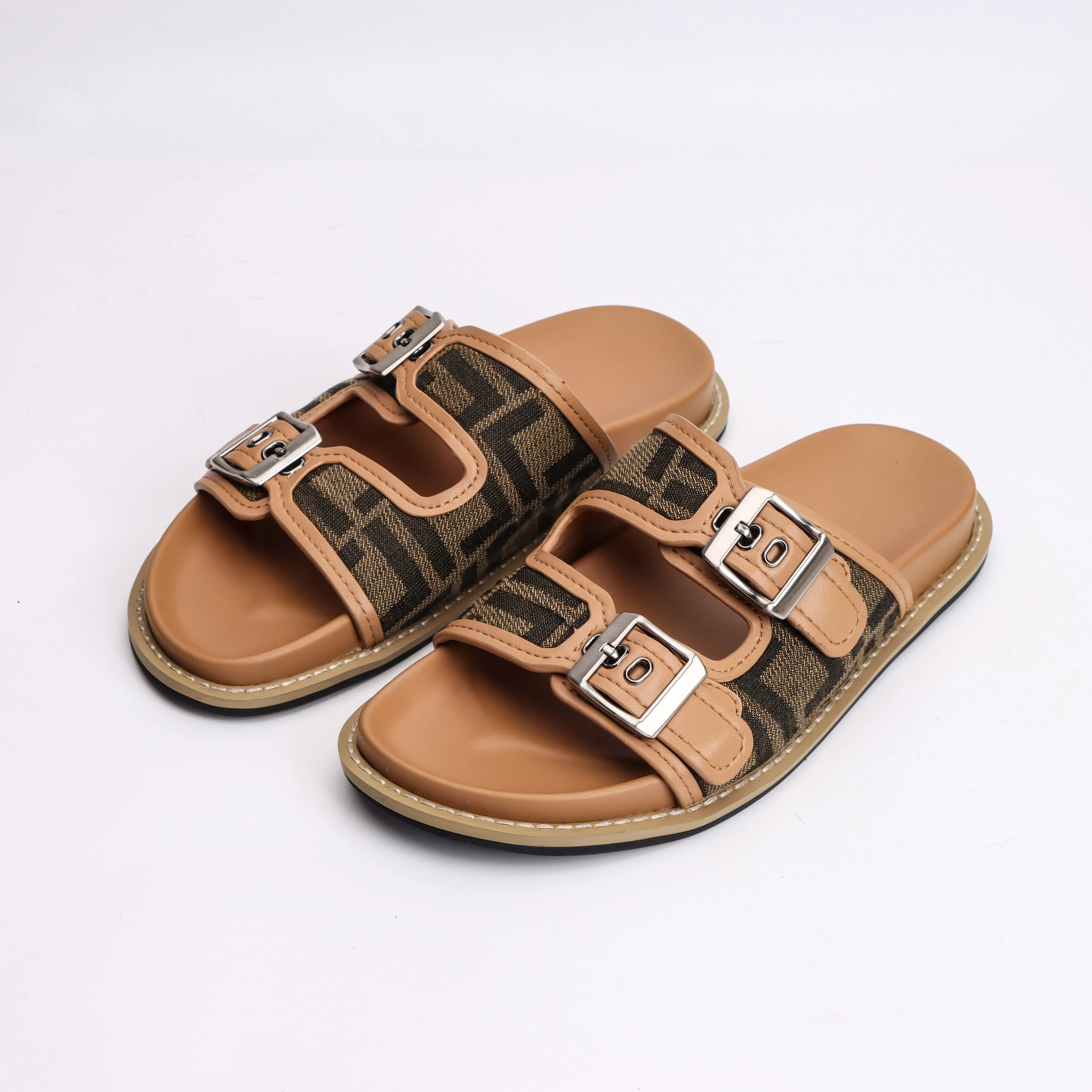NO-LOGO Designer Summer Leather slippers for Women 2025 Luxury Brand Shoes Khaki ladies Slipper and big size 44