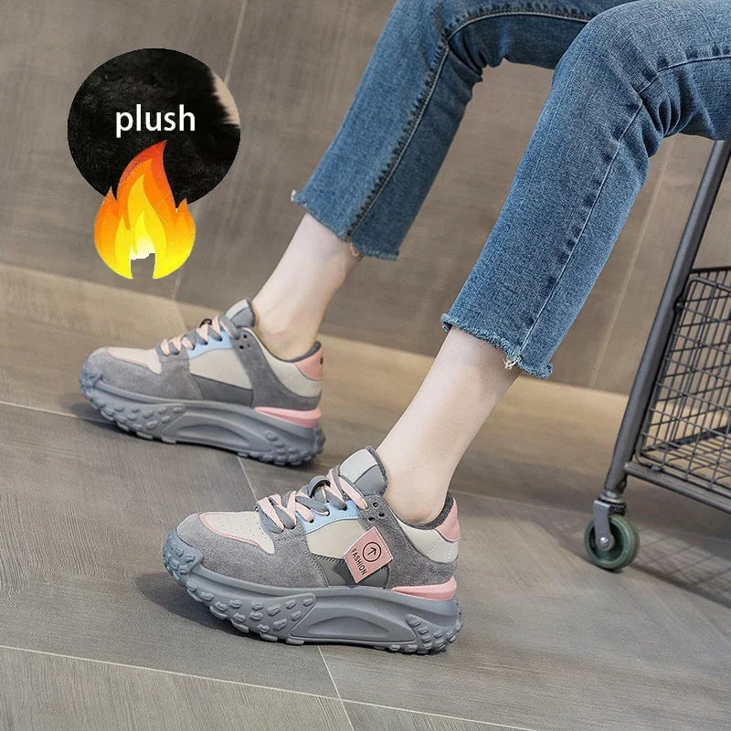 Fujin 6Cm Cow Genuine Leather Women Autumn Spring Winter Plush Warm Platform Wedge Hidden Heel Sneakers Chunky Mixed Color Shoes