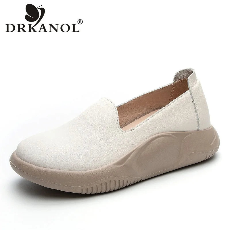 DRKANOL Women Slip On Loafers Solid Color Genuine Leather Shallow Flat Platform Shoes Spring Summer Lightweight Single Shoes