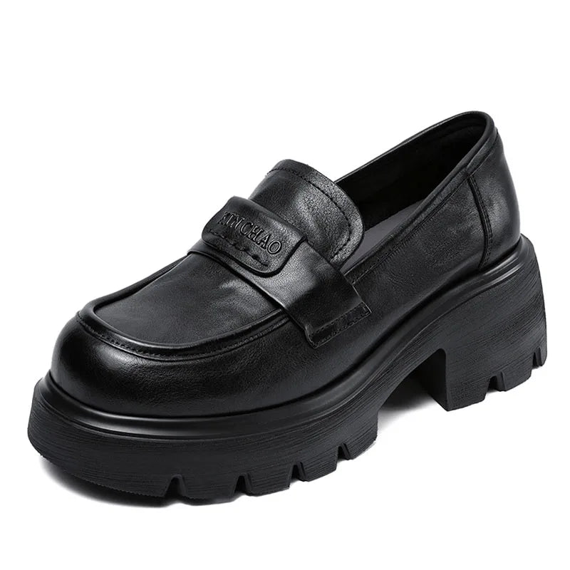 DRKANOL 2025 Spring Women Shoes Thick Heel Slip On Loafers Handmade Retro Chunky Platform Round Toe Pumps Ladies High Heel Shoes