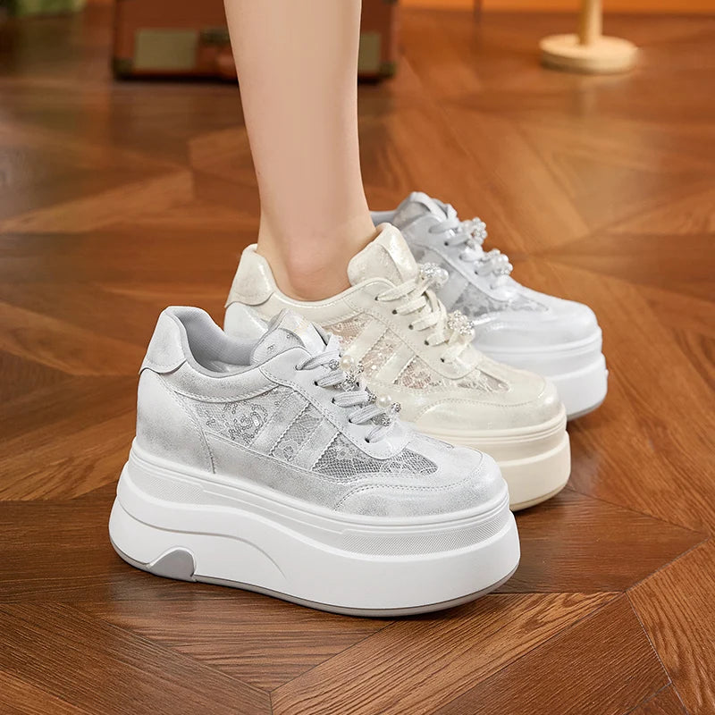 AUTUSPIN 7.5cm Women Lace Shoes Summer Breathable Microfiber Leather Splicing High Platform Skateboard Sneakers Oudoor Tide