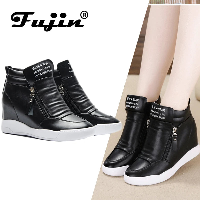 Fujin 6.5cm 2024 Summer Autumn Platform Wedge Heel Boots Women Shoes Fashion Casual Zip Botas Platform Female Leather Sneakers