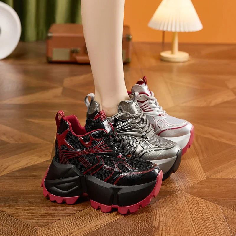 AUTUSPIN 8.5cm High Platform Chunky Women Shoes Retro Wedges Heels Increased Height Sneakers Females Popular Tide Vulcanize Shoe