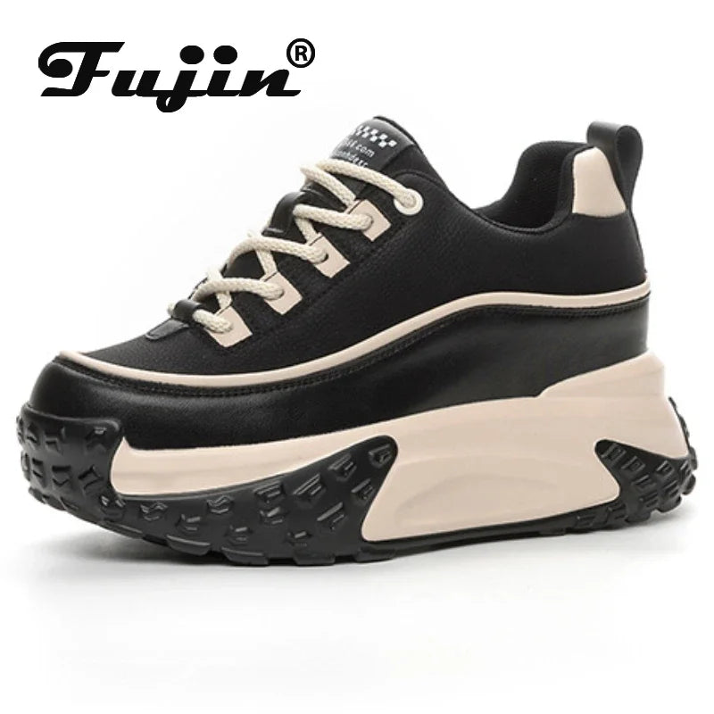 Fujin 7cm Suede Genuine Leather Platform Wedge Chunky Sneakers Spring Leisure Women Vulcanize Thick Bottom Winter Plush Shoes