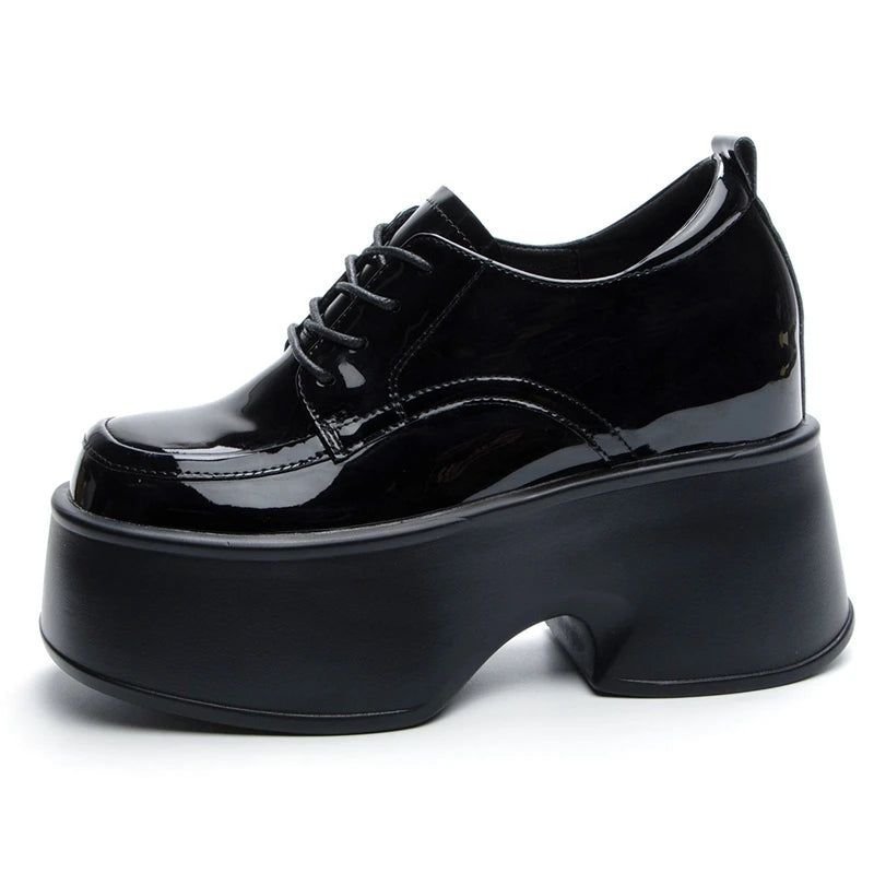 AUTUSPIN 7.5cm Chunky Heel Loafers Women Fashion Sleeky Leather Lace-up Broches Shoes Spring Summer Ladies Oxford Pumps Woman