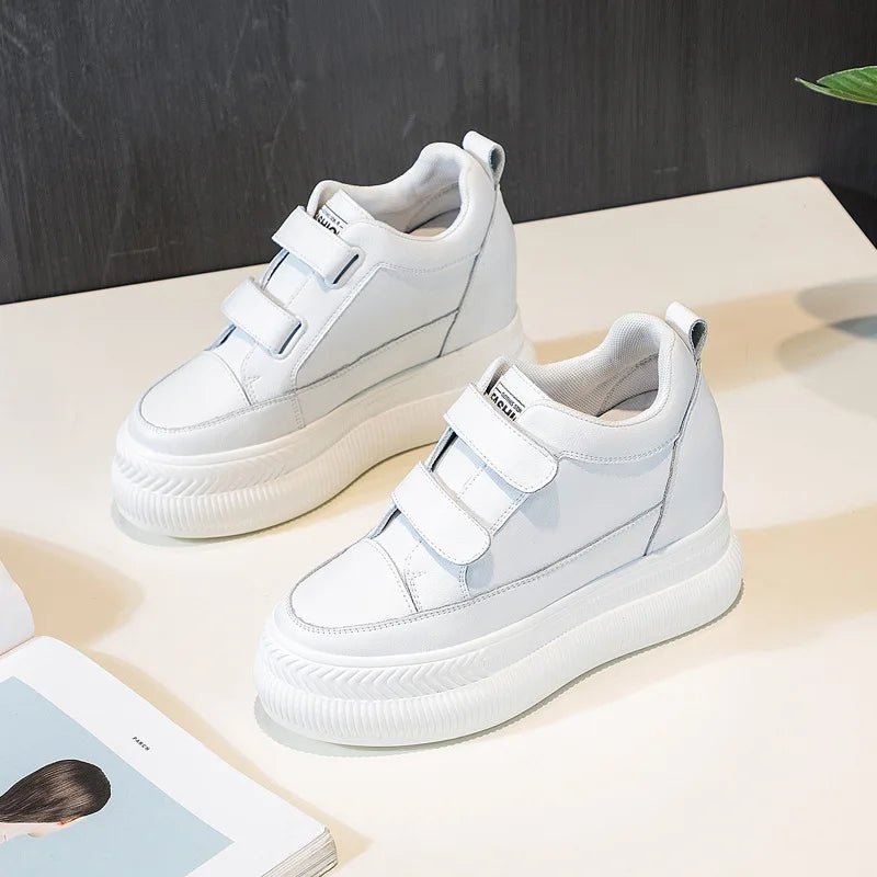 Fujin 10cm Full Cow Genuine Leather Women Shoes Platform Wedge Sneakers White Shoes Hidden Heel Spring Autumn Summer Shoes