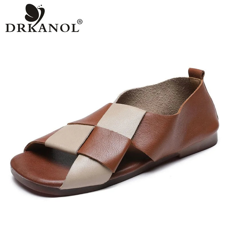 DRKANOL Fashion Weaving Sandals Women Summer 2025 Handmade Retro Shoes Open Toe Mixed Colors Genuine Leather Gladiator Sandals
