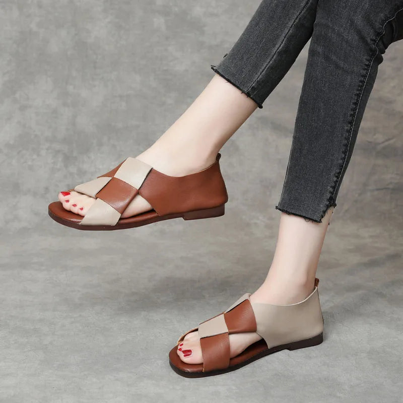 DRKANOL Fashion Weaving Sandals Women Summer 2025 Handmade Retro Shoes Open Toe Mixed Colors Genuine Leather Gladiator Sandals